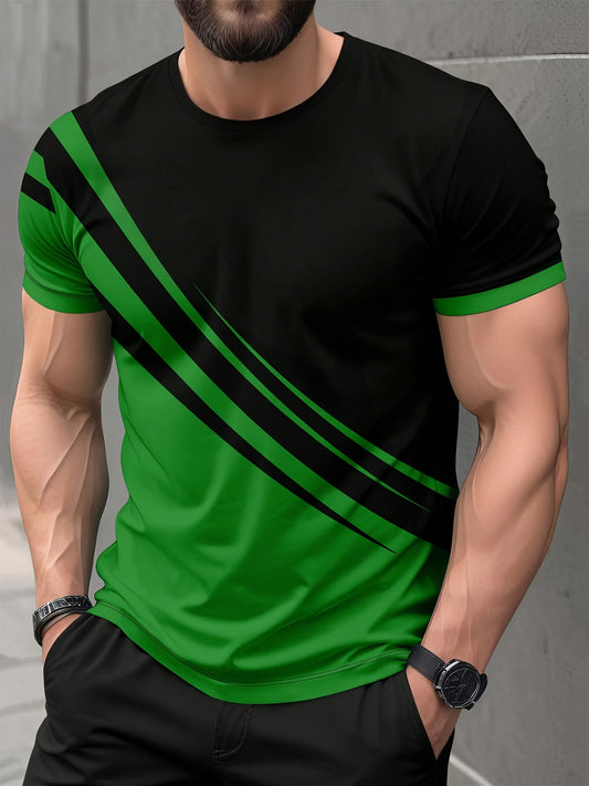 Men'S Casual T-Shirt with Bold Green & Black Striped Design - Breathable Short Sleeve Round Neck Tee,