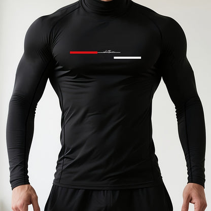 Men'S High Neck Compression Shirt - Long Sleeve Workout Top with Motivational Graphic, Muscle Fit Gym Shirt,