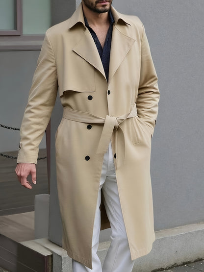 Men'S Casual Double-Breasted Trench Coat - Mid-Length Fall\u002FWinter Outerwear with Slit, Belted, Solid Black, Polyester, Single-Button Closure,