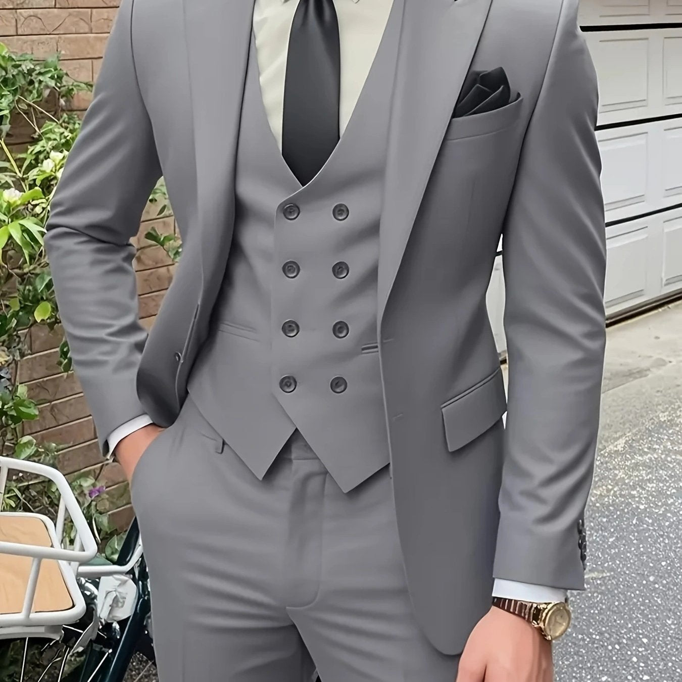 Men'S Premium Three-Piece Suit - Formal Blazer, Trousers & Vest with Black Tie & Pocket Square - Ideal for Weddings, Work, and Formal Events - Durable Woven Fabric,