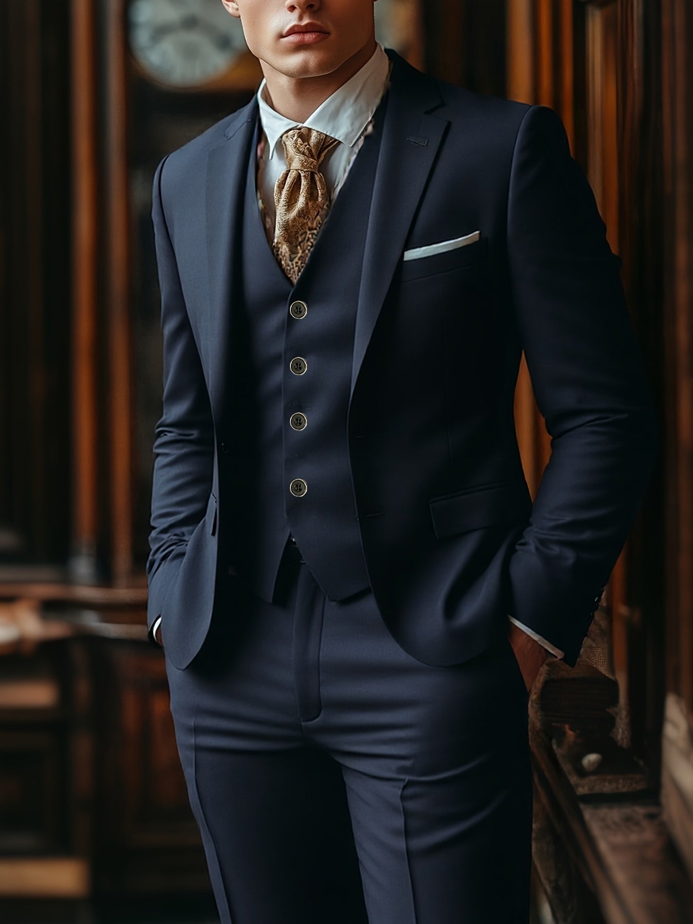 Men's Three-Piece Suit Set with Vest, Trousers, and Tie for Weddings and Formal Occasions