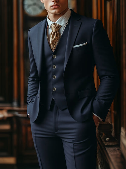 Men's Three-Piece Suit Set with Vest, Trousers, and Tie for Weddings and Formal Occasions