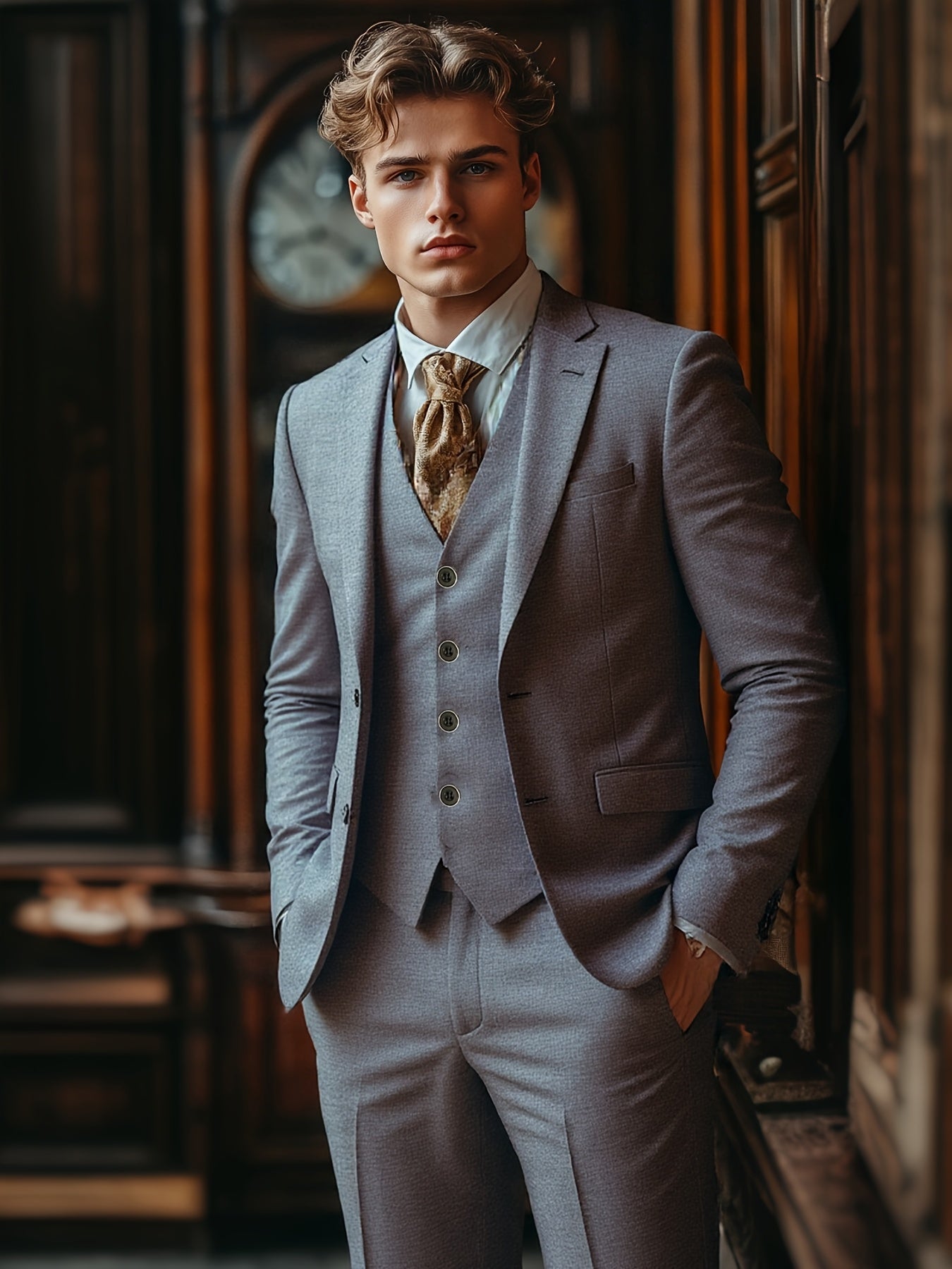 Men's Three-Piece Suit Set with Vest, Trousers, and Tie for Weddings and Formal Occasions