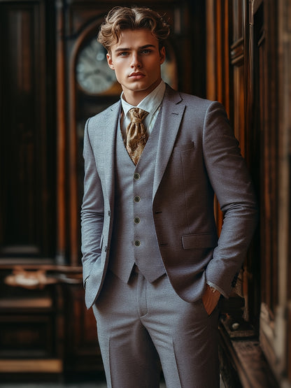 Men's Three-Piece Suit Set with Vest, Trousers, and Tie for Weddings and Formal Occasions