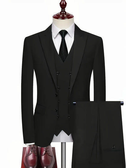 Men's Three-Piece Suit with Vest, Trousers, and Jacket for Weddings and Important Occasions