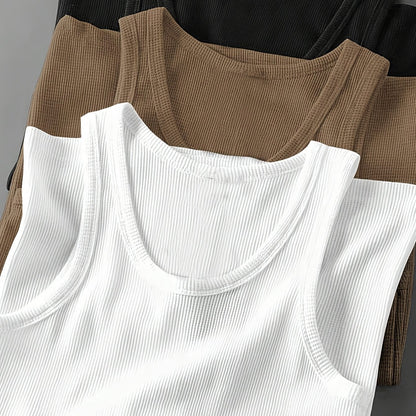 3pcs Men's Solid Color Sleeveless Tank Tops - Sporty Slim Fit, Breathable Stretch Fabric, Round Neck, Machine Washable, All-Season Casual & Athletic Wear