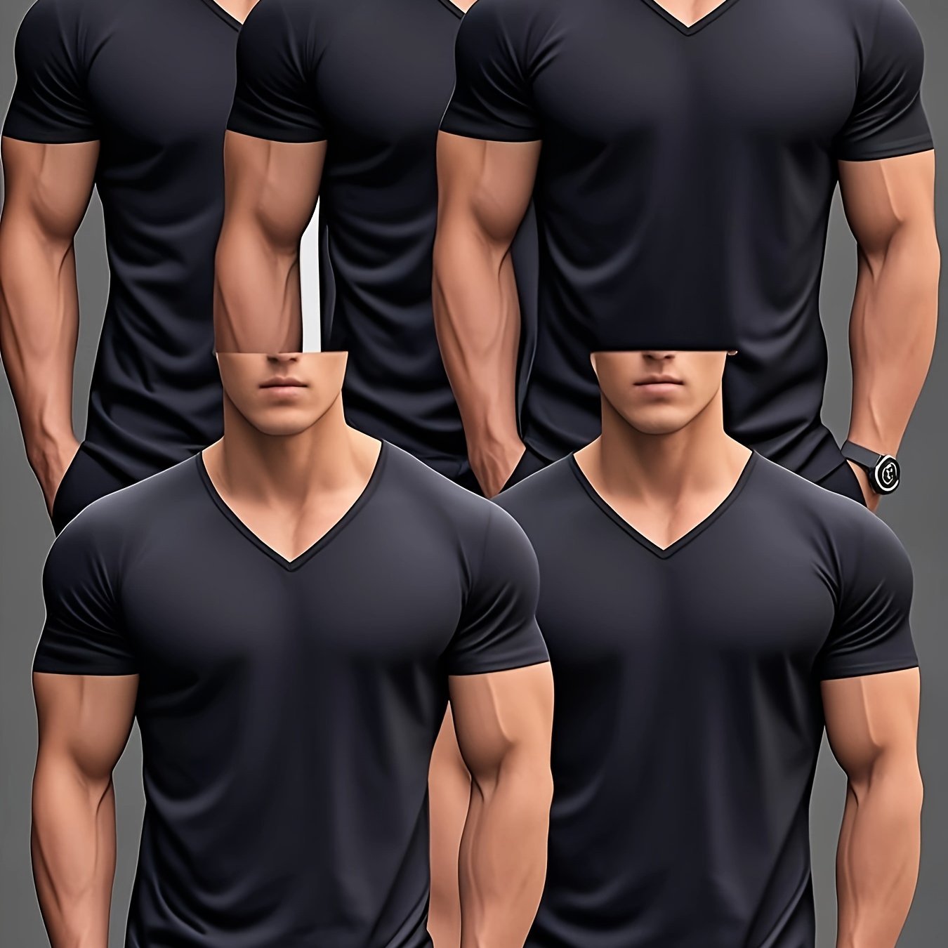 Men'S Summer Classic V-Neck Casual Short Sleeve T-Shirt Set of Five Pieces: Black, White, Gray, Navy Blue, and Dark Gray with Orange Print, PLUS SIZE