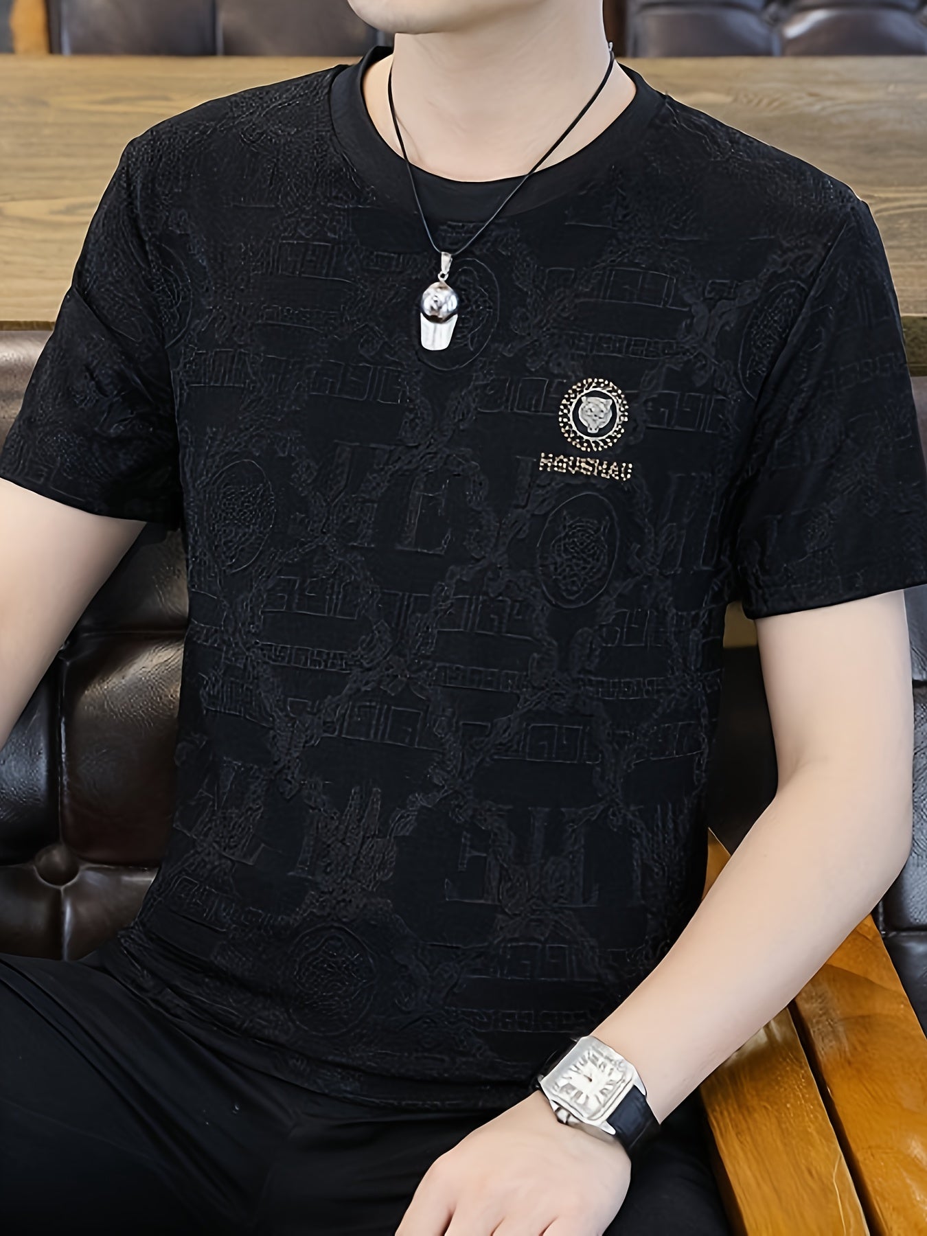 Men'S Elegant Black Short-Sleeve T-Shirt with Intricate Design - Casual Summer Top for Spring\u002FFall