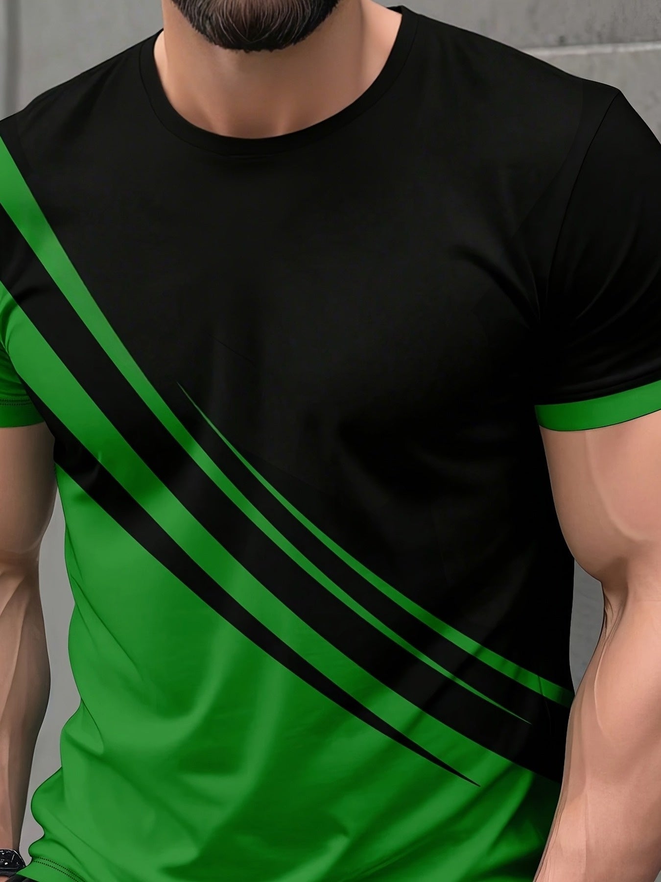 Men'S Casual T-Shirt with Bold Green & Black Striped Design - Breathable Short Sleeve Round Neck Tee,