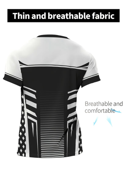 Geometric print high stretch skinny fit short sleeve crew neck T-shirt, quick-drying sports top for summer fitness,