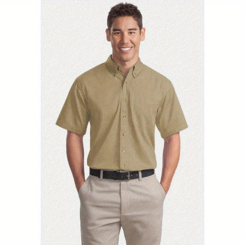 Port Authority Men's Short Sleeve Twill Shirt S500T - 5-Ounce Heavyweight 100%, Wrinkle-Resistant & Easy-Care, Classic Pointed Collar with Horn Buttons,