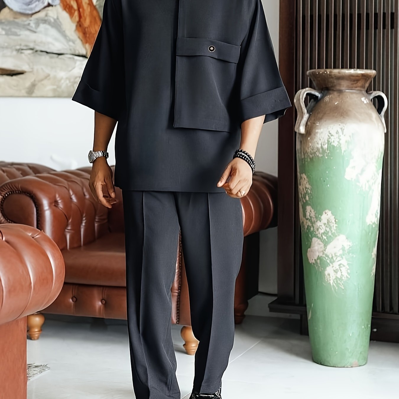 Men'S Suit, Short Sleeve Top, Round Neck, Fake Pocket Design, Hem Slit, Elastic Pants, Plus Size Men'S Suit, Men'S Casual Shirt and Pants Set,
