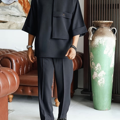Men'S Suit, Short Sleeve Top, Round Neck, Fake Pocket Design, Hem Slit, Elastic Pants, Plus Size Men'S Suit, Men'S Casual Shirt and Pants Set,