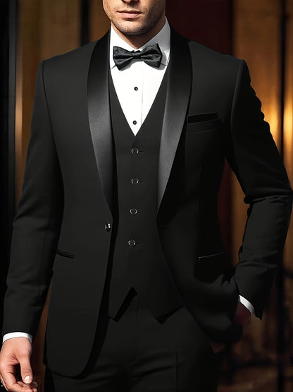 Three-Piece Formal Suit Set Men's Three-Piece Suit Set - Large Size Formal Attire with Notch Lapel, Includes Trousers & Vest for Weddings, Work & Festive Gifts
