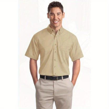 Port Authority Men's Short Sleeve Twill Shirt S500T - 5-Ounce Heavyweight 100%, Wrinkle-Resistant & Easy-Care, Classic Pointed Collar with Horn Buttons,