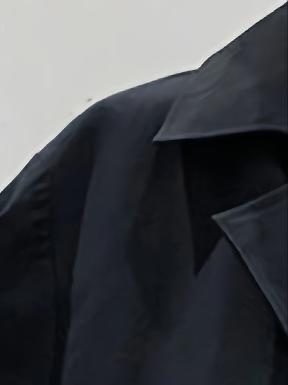 Men'S Casual Double-Breasted Trench Coat - Mid-Length Fall\u002FWinter Outerwear with Slit, Belted, Solid Black, Polyester, Single-Button Closure,
