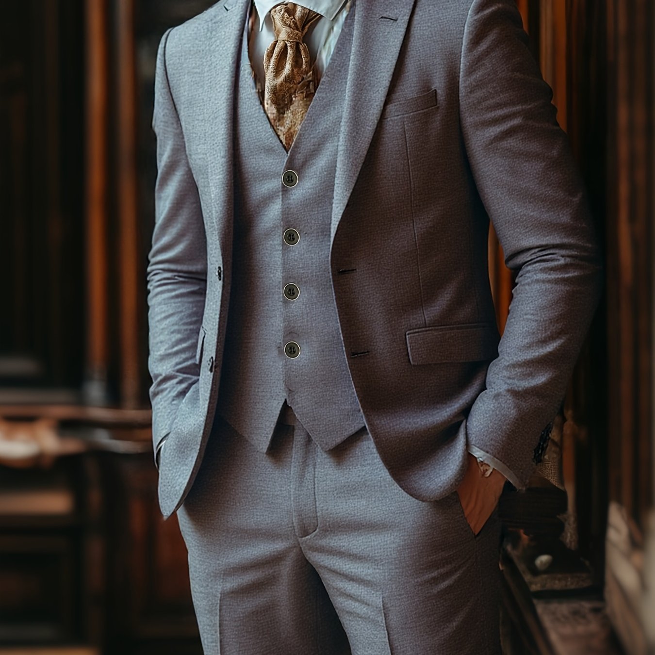 Men's Three-Piece Suit Set with Vest, Trousers, and Tie for Weddings and Formal Occasions