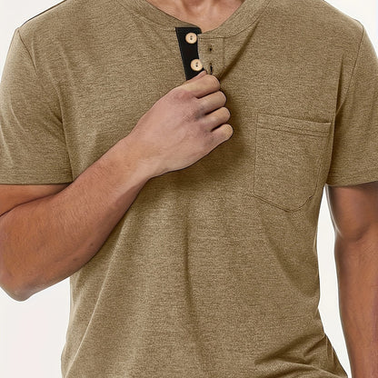 Stylish T-Shirt Soft Stretch Men's Plus Size Casual Henley T-Shirt | Lightweight 175gsm, Regular Fit Round Neck with Chest Pocket & Button Detail,