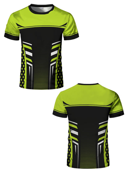 Geometric print high stretch skinny fit short sleeve crew neck T-shirt, quick-drying sports top for summer fitness,