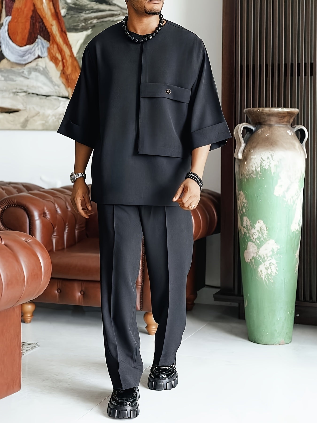 Men'S Suit, Short Sleeve Top, Round Neck, Fake Pocket Design, Hem Slit, Elastic Pants, Plus Size Men'S Suit, Men'S Casual Shirt and Pants Set,