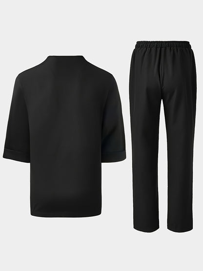 Men'S Suit, Short Sleeve Top, Round Neck, Fake Pocket Design, Hem Slit, Elastic Pants, Plus Size Men'S Suit, Men'S Casual Shirt and Pants Set,