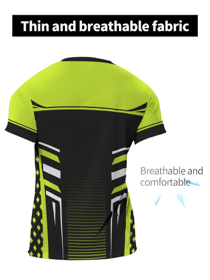 Geometric print high stretch skinny fit short sleeve crew neck T-shirt, quick-drying sports top for summer fitness,