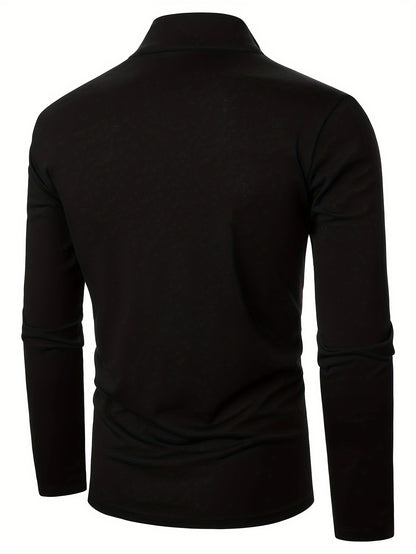 Stretchy T-Shirt Casual Stretchy Polyester Blend Men's Color Block Half-Zip Collared Long Sleeve T-Shirt | Machine Washable, Ideal for Spring & Fall