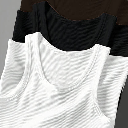 3pcs Men's Solid Color Sleeveless Tank Tops - Sporty Slim Fit, Breathable Stretch Fabric, Round Neck, Machine Washable, All-Season Casual & Athletic Wear
