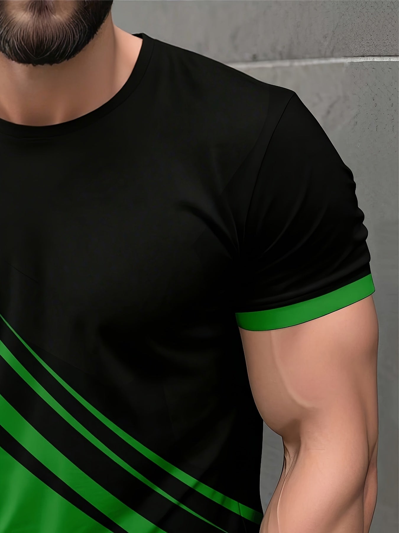 Men'S Casual T-Shirt with Bold Green & Black Striped Design - Breathable Short Sleeve Round Neck Tee,