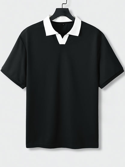 Knit Fabric, Polo Shirt Knit Fabric, All-Season Comfort | Men's Casual Loose Fit Polo Shirt - Short Sleeve, Button-Up Collar, Solid Color, Perfect for Casual Attire,
