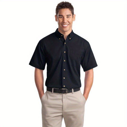 Port Authority Men's Short Sleeve Twill Shirt S500T - 5-Ounce Heavyweight 100%, Wrinkle-Resistant & Easy-Care, Classic Pointed Collar with Horn Buttons,