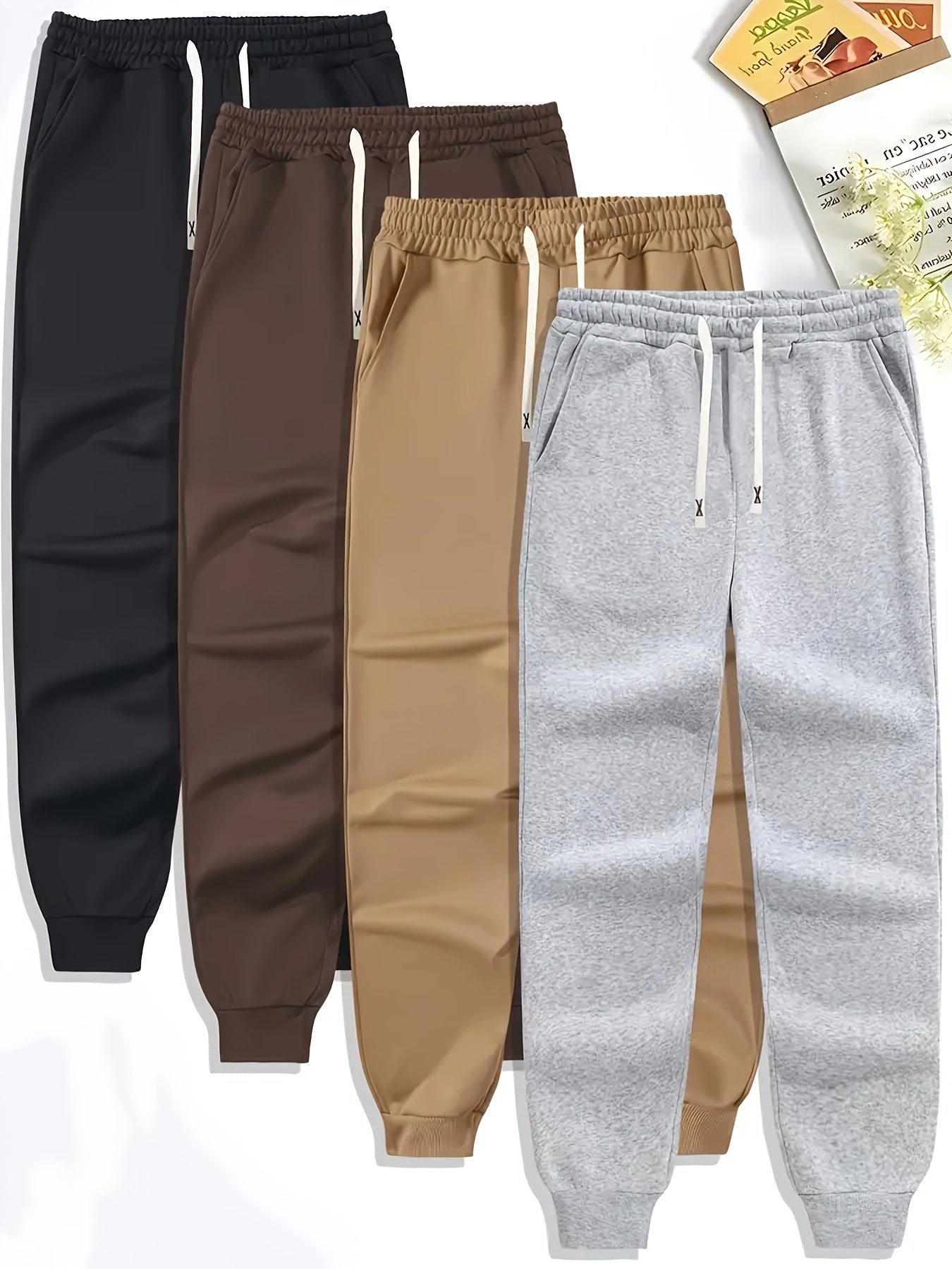 Mens Sports Jogger Pants 4pcs Plus Size Men's Sports Jogger Pants, Polyester Knit Fabric, Slight Stretch, Solid Color, Regular Fit,