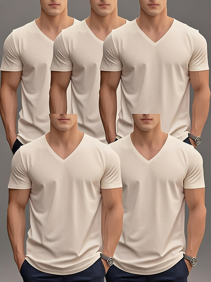 Men'S Summer Classic V-Neck Casual Short Sleeve T-Shirt Set of Five Pieces: Black, White, Gray, Navy Blue, and Dark Gray with Orange Print, PLUS SIZE