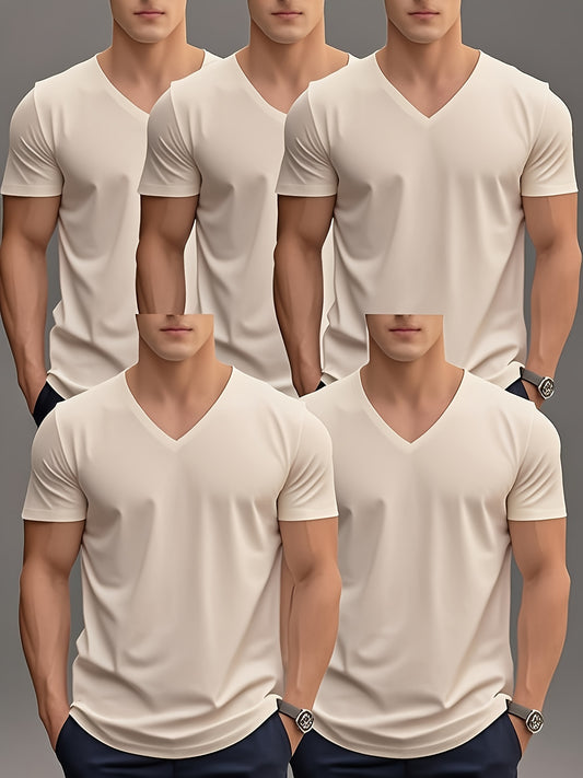 Men'S Summer Classic V-Neck Casual Short Sleeve T-Shirt Set of Five Pieces: Black, White, Gray, Navy Blue, and Dark Gray with Orange Print, PLUS SIZE