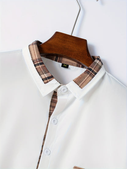 Men'S Casual Long Sleeve Shirt with Color Block Pocket Design - Comfortable Collar, Breathable Fabric,