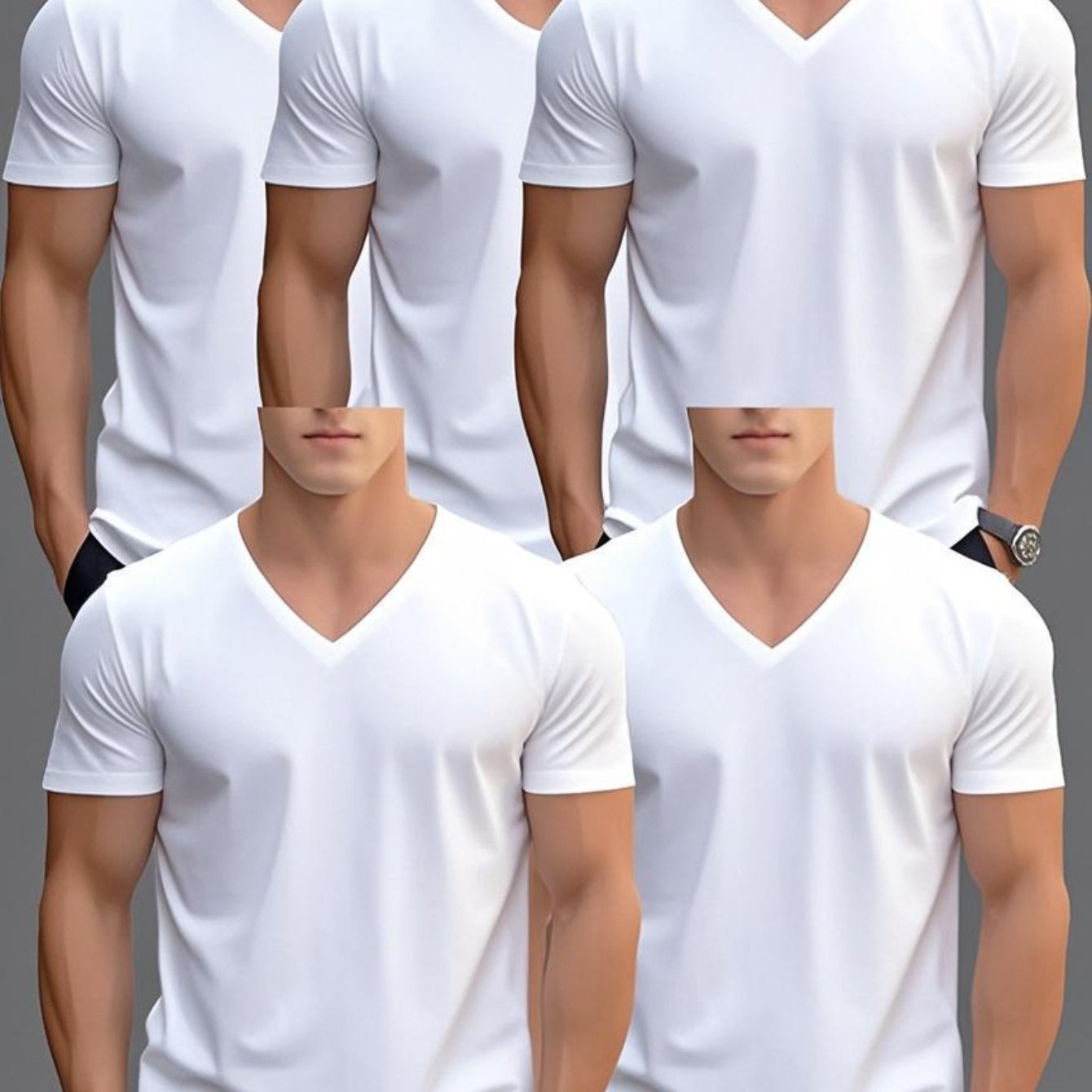 Men'S Summer Classic V-Neck Casual Short Sleeve T-Shirt Set of Five Pieces: Black, White, Gray, Navy Blue, and Dark Gray with Orange Print, PLUS SIZE