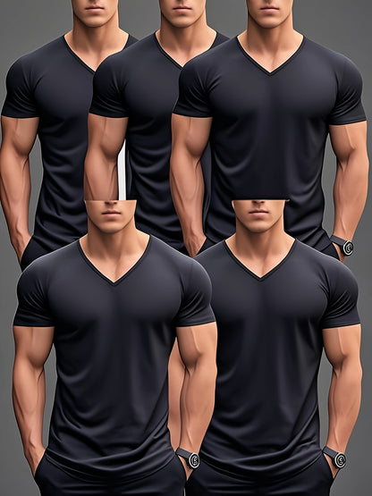 Men'S Summer Classic V-Neck Casual Short Sleeve T-Shirt Set of Five Pieces: Black, White, Gray, Navy Blue, and Dark Gray with Orange Print, PLUS SIZE