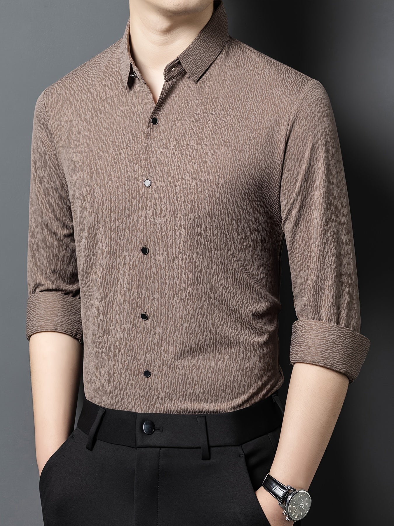 Men's Breathable Long Sleeve Button-Up Shirt - Casual Business Style, Solid Brown, Lightweight Fabric for Spring\u002FFall, Perfect for Office or Leisure Outings,