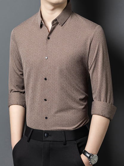 Men's Breathable Long Sleeve Button-Up Shirt - Casual Business Style, Solid Brown, Lightweight Fabric for Spring\u002FFall, Perfect for Office or Leisure Outings,
