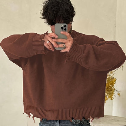 Street Style Chic Unisex Long Sleeve Crew Neck Knit Sweater with Fringe Detail - Loose Fit, Comfortable Drop Shoulder Design for Fall\u002FWinter