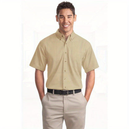 Port Authority Men's Short Sleeve Twill Shirt S500T - 5-Ounce Heavyweight 100%, Wrinkle-Resistant & Easy-Care, Classic Pointed Collar with Horn Buttons,