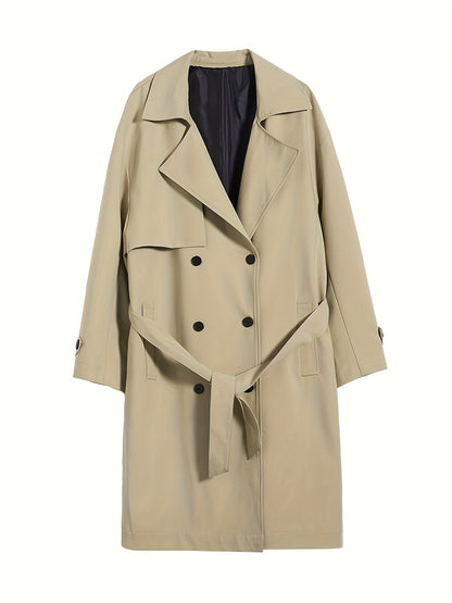 Men'S Casual Double-Breasted Trench Coat - Mid-Length Fall\u002FWinter Outerwear with Slit, Belted, Solid Black, Polyester, Single-Button Closure,