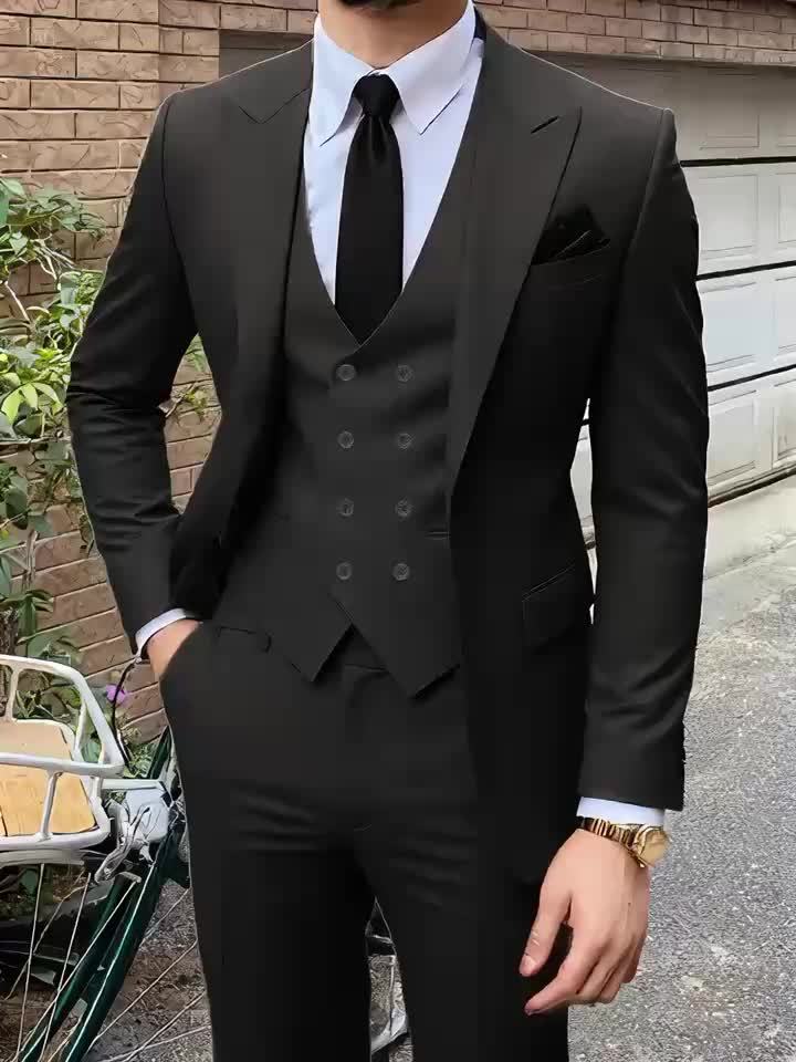 Men'S Premium Three-Piece Suit - Formal Blazer, Trousers & Vest with Black Tie & Pocket Square - Ideal for Weddings, Work, and Formal Events - Durable Woven Fabric,