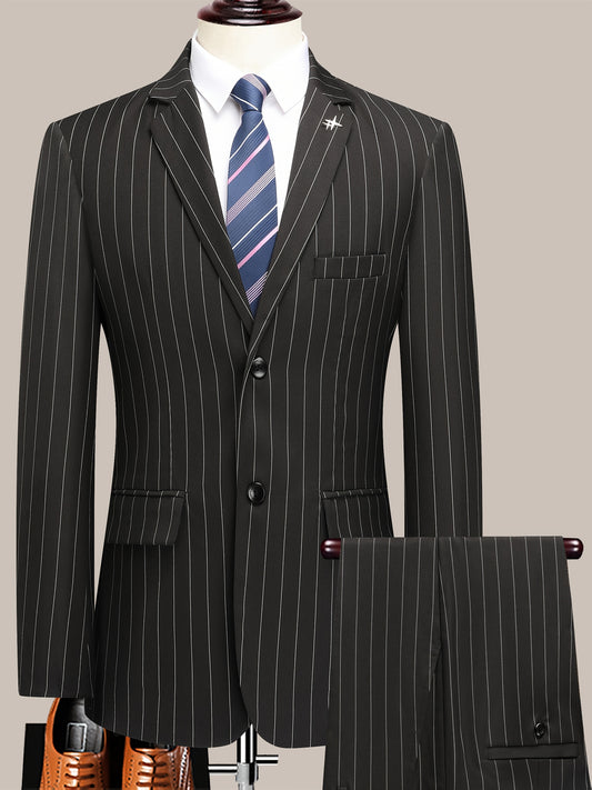 Men'S Striped Suit Set for Business Casual And Formal Events, Featuring a Lightweight Design Suitable for Spring And Autumn. The Two-Piece Suit Is Durable,