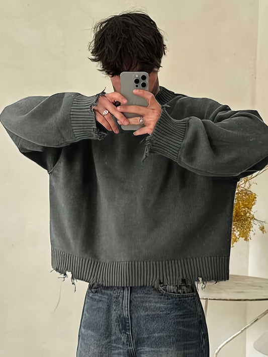Street Style Chic Unisex Long Sleeve Crew Neck Knit Sweater with Fringe Detail - Loose Fit, Comfortable Drop Shoulder Design for Fall\u002FWinter