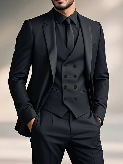 Men's Three-Piece Suit with Vest, Trousers, and Jacket for Weddings and Important Occasions