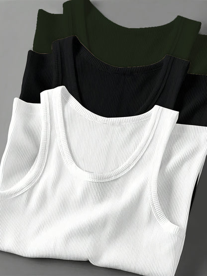 3pcs Men's Solid Color Sleeveless Tank Tops - Sporty Slim Fit, Breathable Stretch Fabric, Round Neck, Machine Washable, All-Season Casual & Athletic Wear