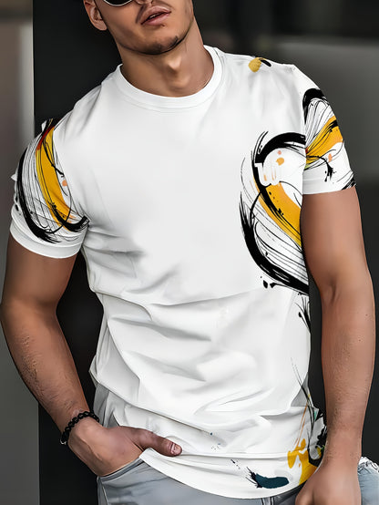 Men's Korean Style Casual T-Shirt - Breathable Short Sleeve Round Neck Tee with Abstract Graphic Print, Regular Fit