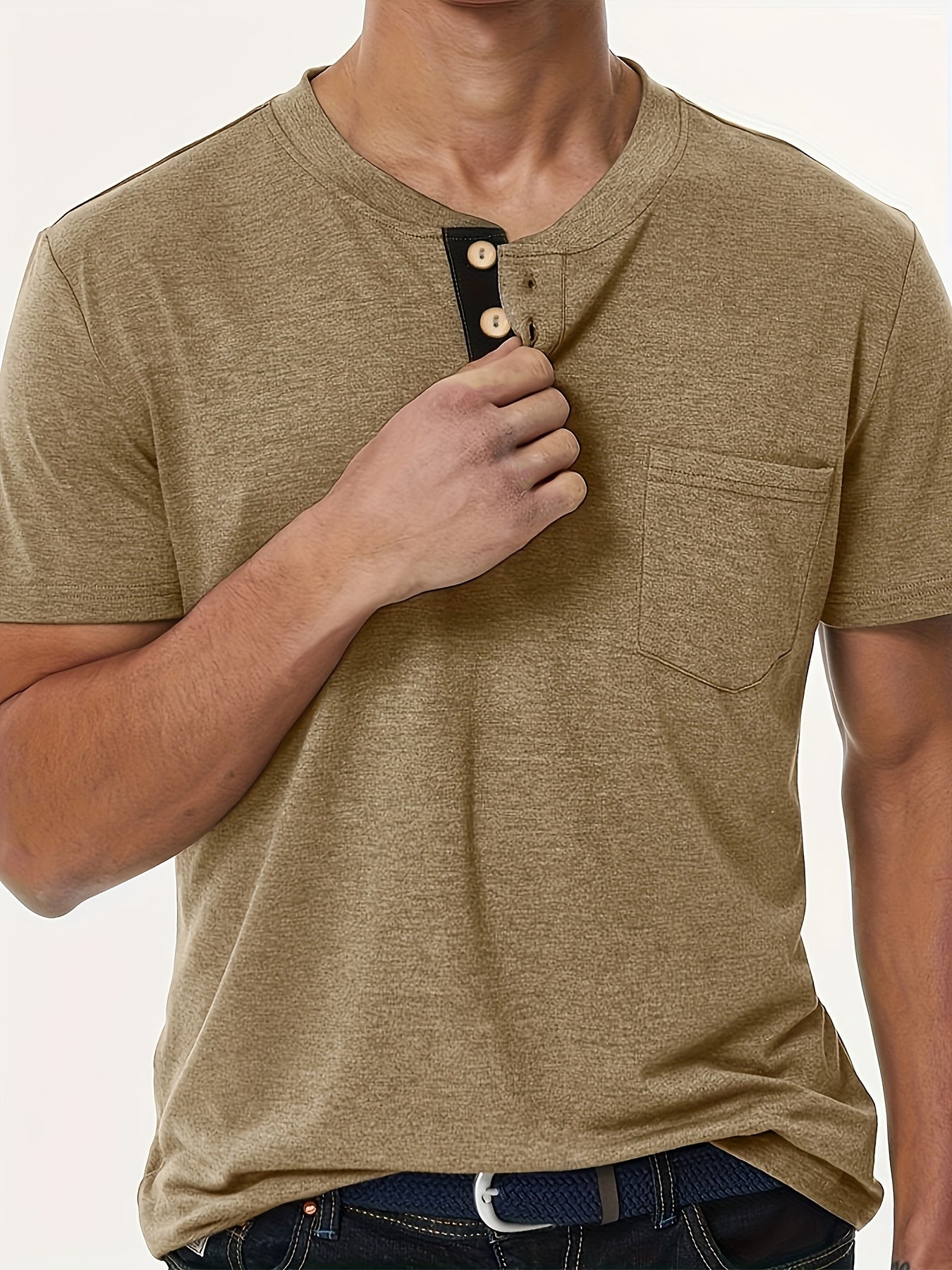 Stylish T-Shirt Soft Stretch Men's Plus Size Casual Henley T-Shirt | Lightweight 175gsm, Regular Fit Round Neck with Chest Pocket & Button Detail,
