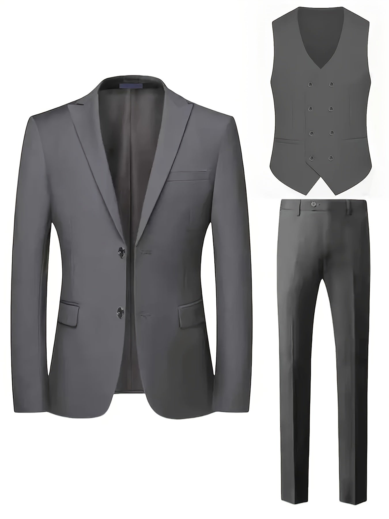 Men'S Premium Three-Piece Suit - Formal Blazer, Trousers & Vest with Black Tie & Pocket Square - Ideal for Weddings, Work, and Formal Events - Durable Woven Fabric,